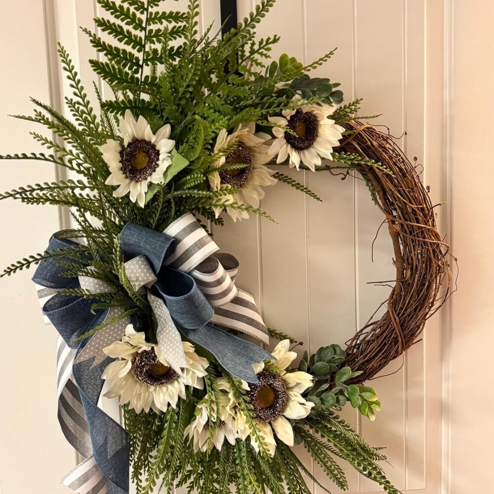 Crafted Everyday / Spring Wreath with White Sunflowers, Mixed Greens & Blue Ribb